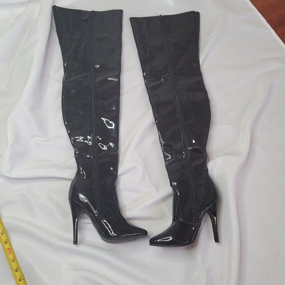 Ellie Femme Fatale Sexy Black Patent Over-the-Knee Stiletto Boots Size 7 - Picture 7 of 8